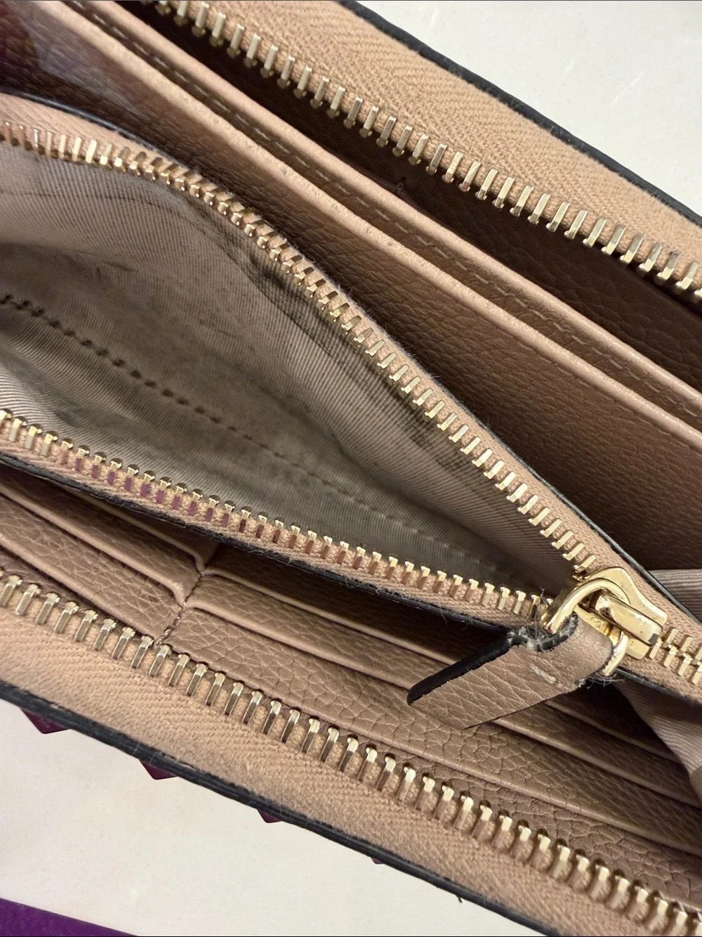 Valentino Garavani Taupe Pebbled Leather Zip Wallet with Gold Studs